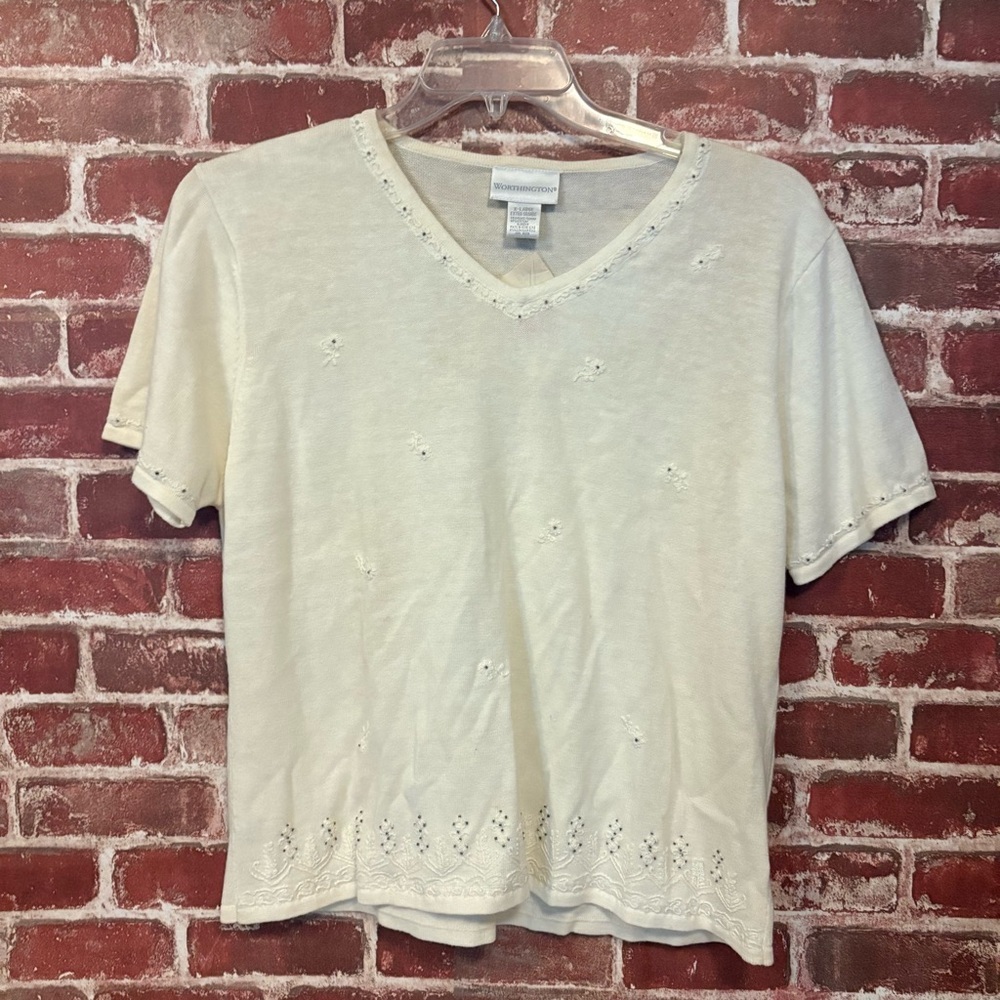 Worthington Cream Short Sleeve V-Neck Top - Picture 1 of 5